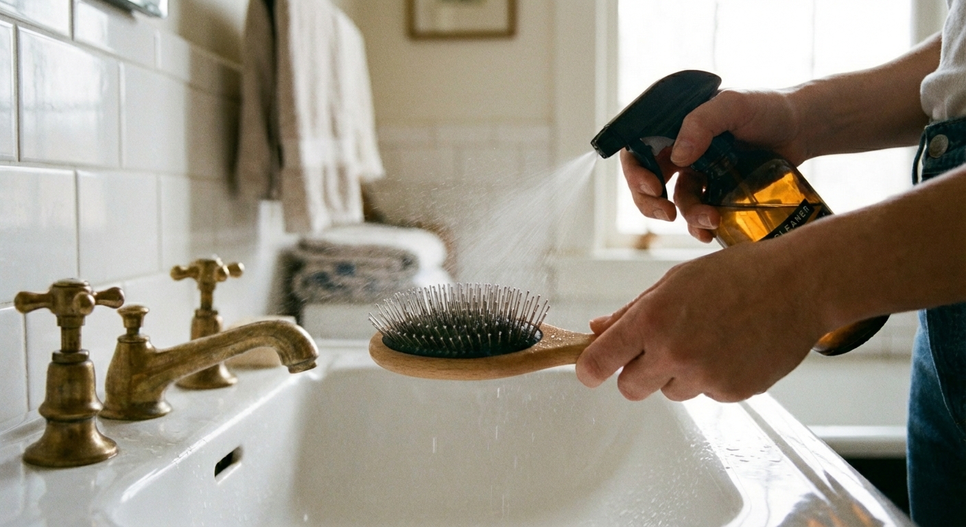 A hand holding a spray bottle misting a dog brush over a bathroom sink