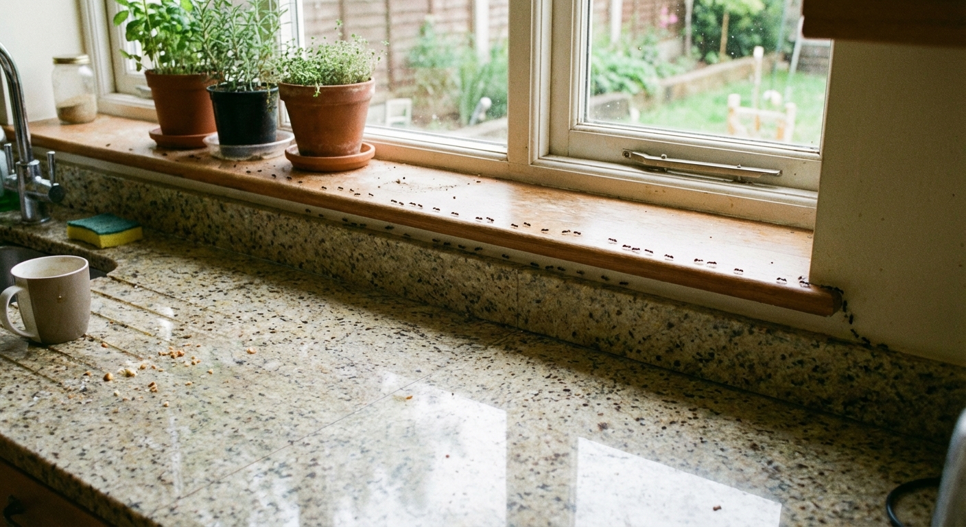 A real kitchen countertop with a visible line of ants walking along the edge near a windowsill