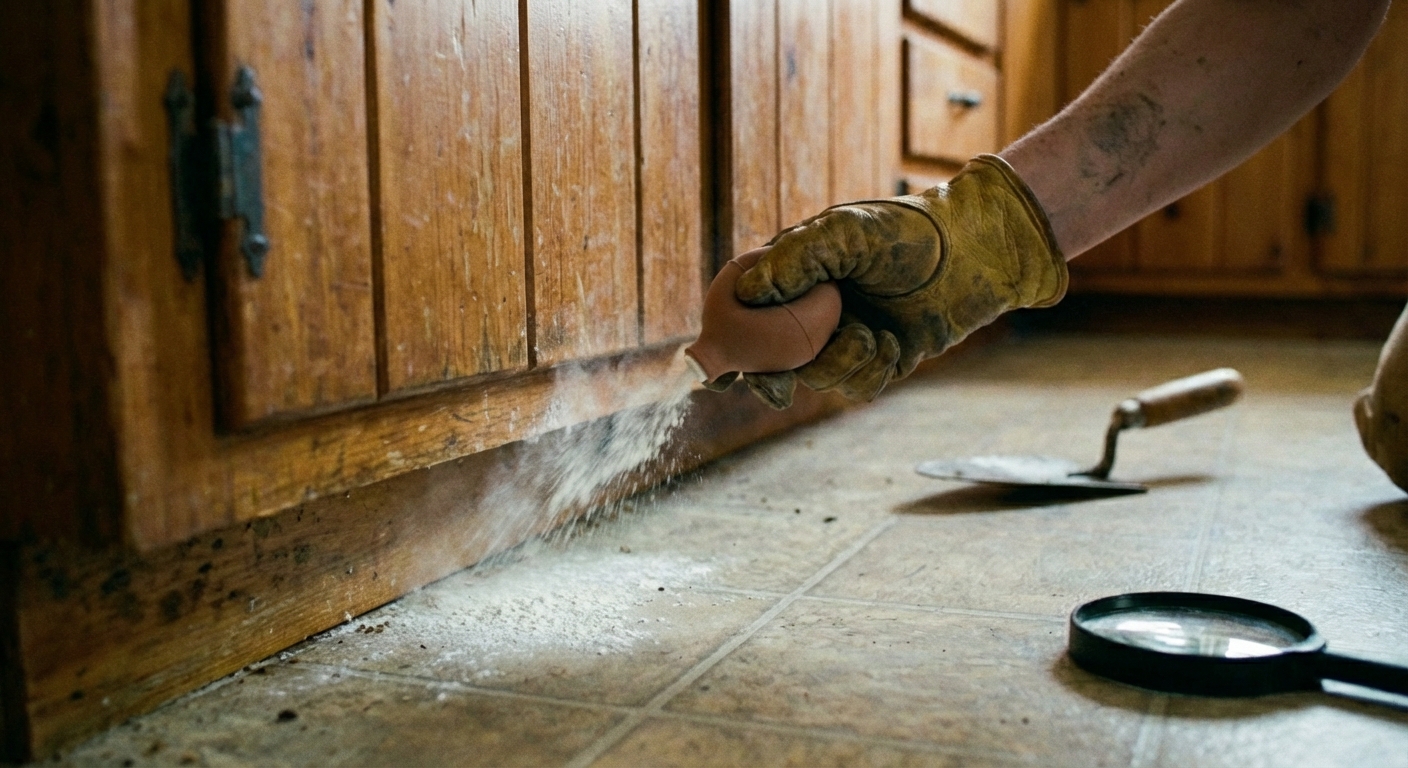 A real photograph of a hand using a small bulb duster to apply a fine powder along a crack at the base of a wall