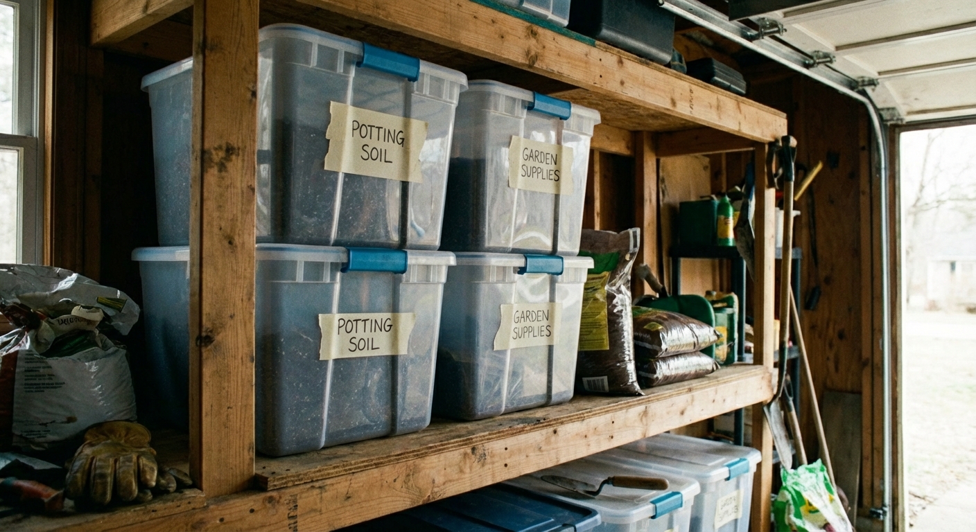 A real photograph of sealed plastic storage bins labeled for potting soil and garden supplies on a garage shelf