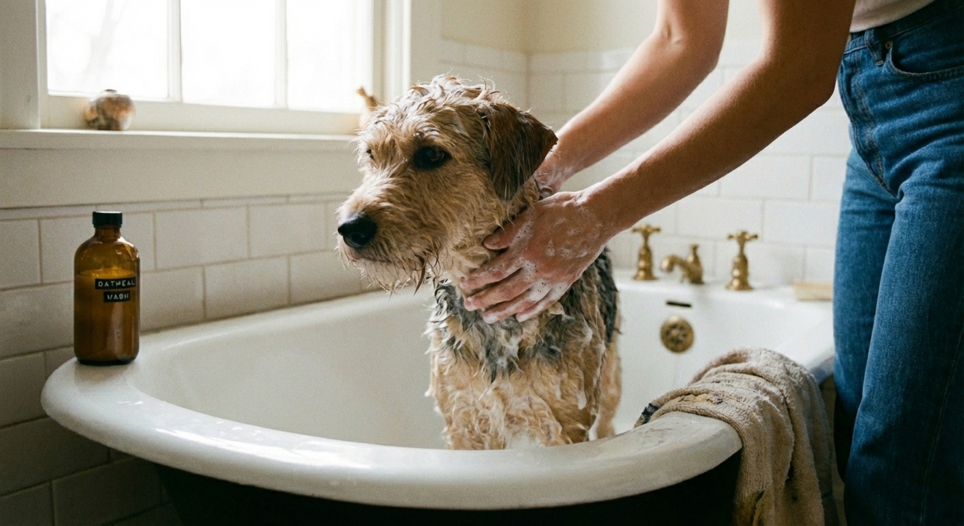 A wet dog standing in a bathtub while a person gently lathers oatmeal wash into the coat