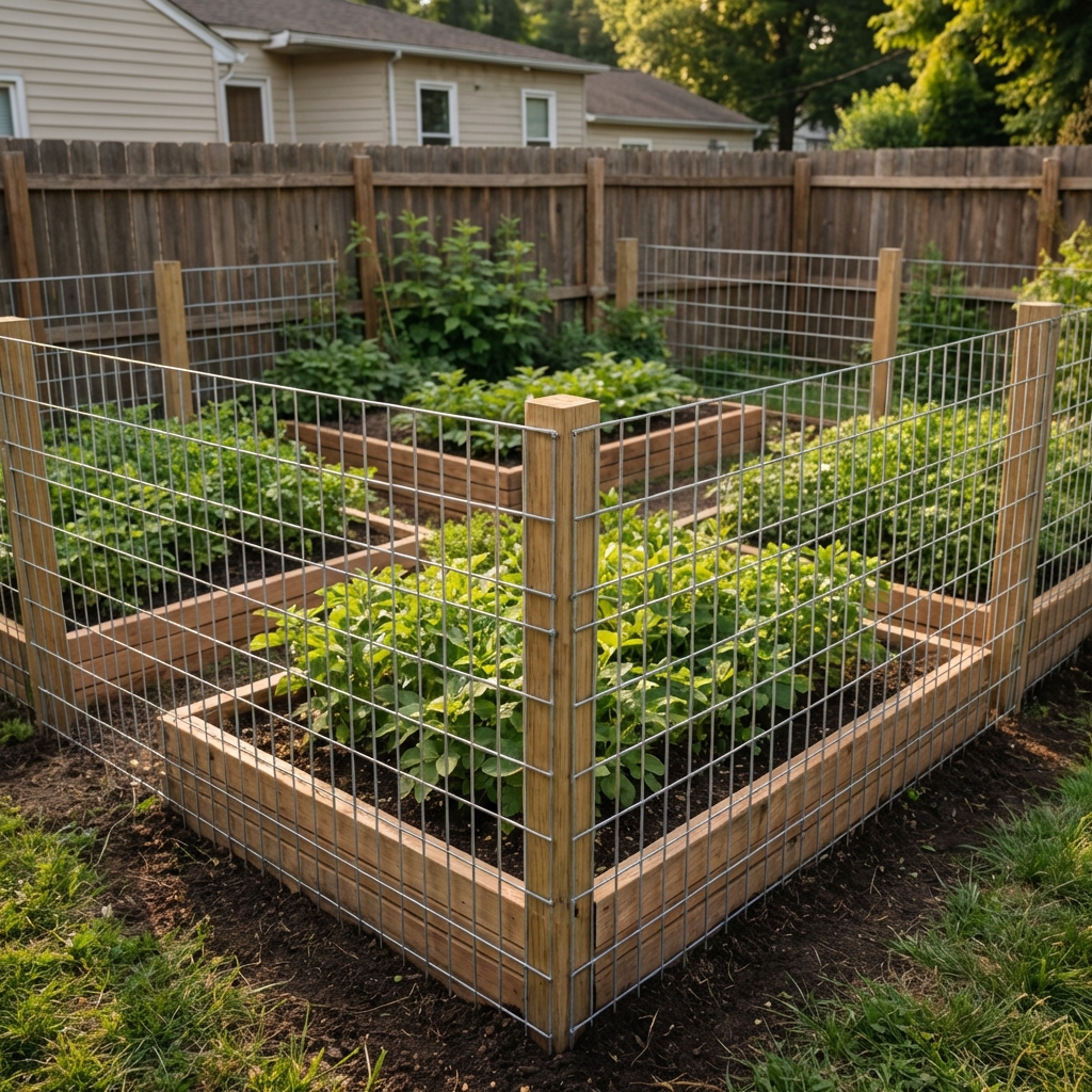 A backyard garden bed surrounded by a welded wire fence in daylight