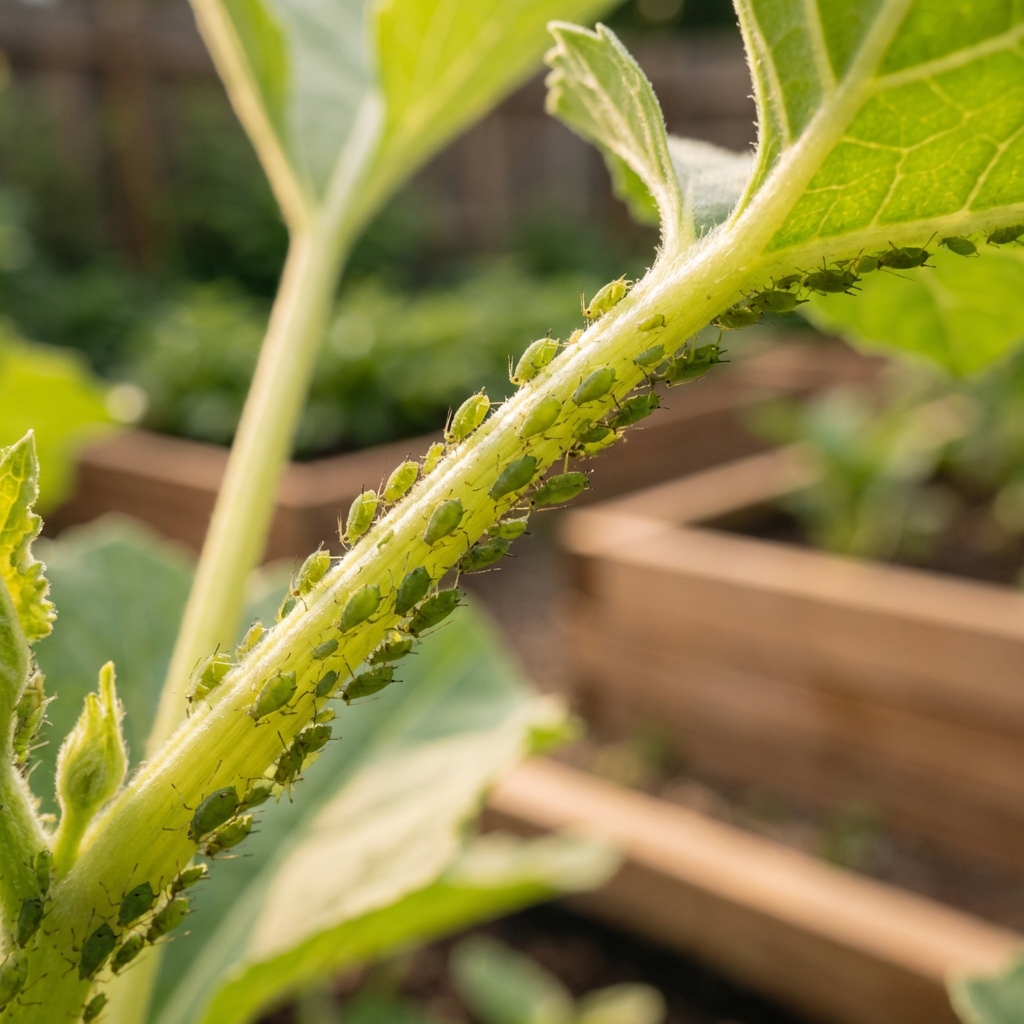 A close-up photograph of a cluster of green aphids on a tender plant stem outdoors