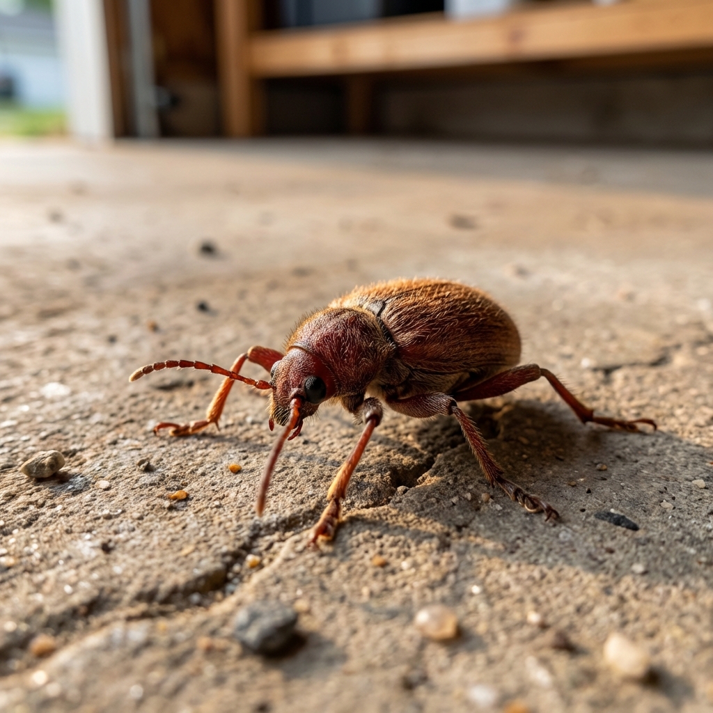 A close-up photograph of a reddish-brown spider beetle on a concrete garage floor