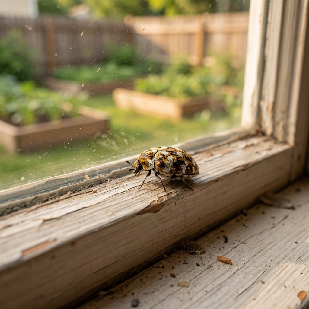 A close-up photograph of a small mottled carpet beetle crawling on a windowsill