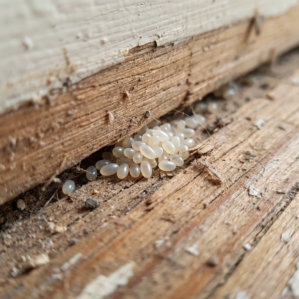 A close-up photograph of tiny pearly white bed bug eggs clustered in a crack along a wooden baseboard