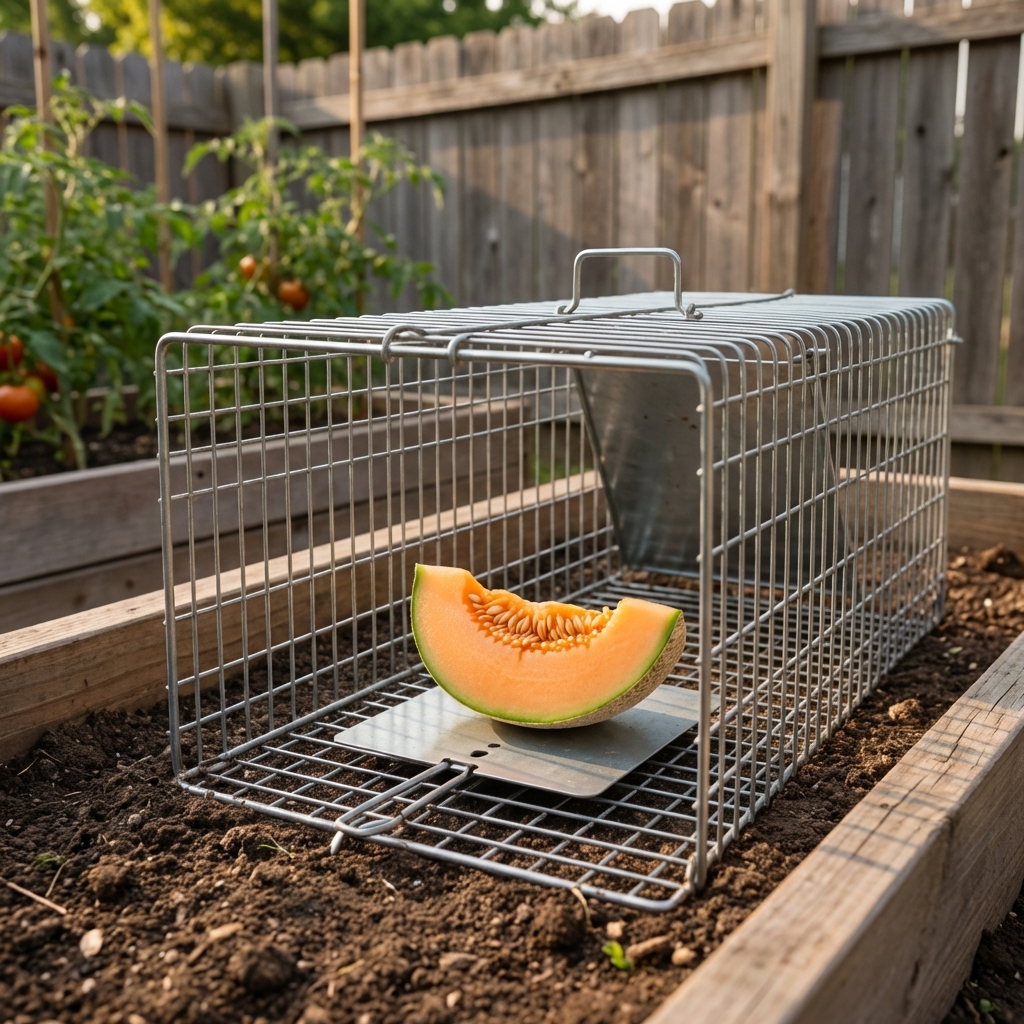 A fresh cantaloupe wedge placed on the trigger plate inside a wire live trap
