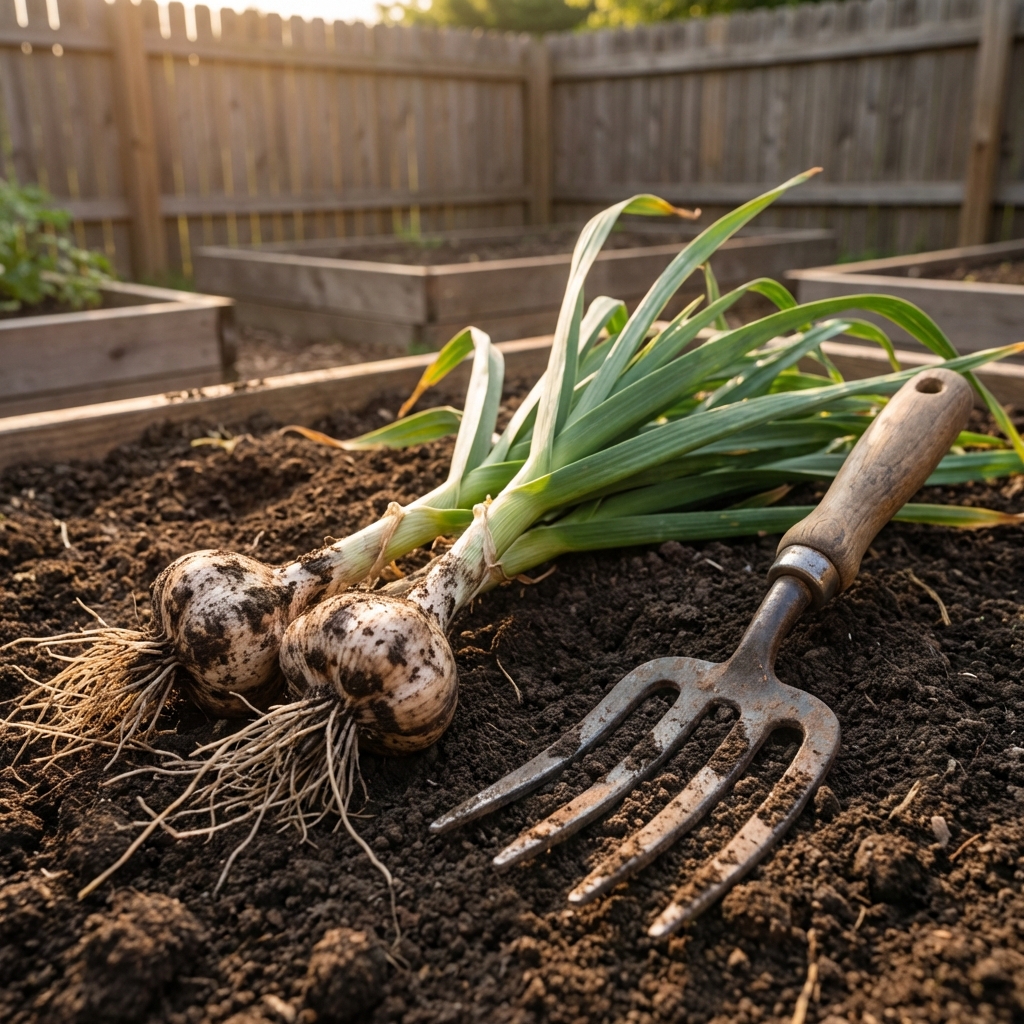 A freshly pulled garlic plant resting on loose soil with a garden fork nearby