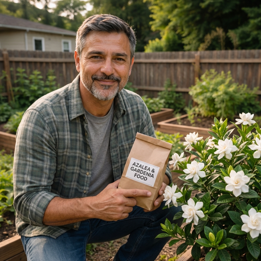 A gardener holding a bag of fertilizer labeled for azaleas and gardenias next to a blooming gardenia plant