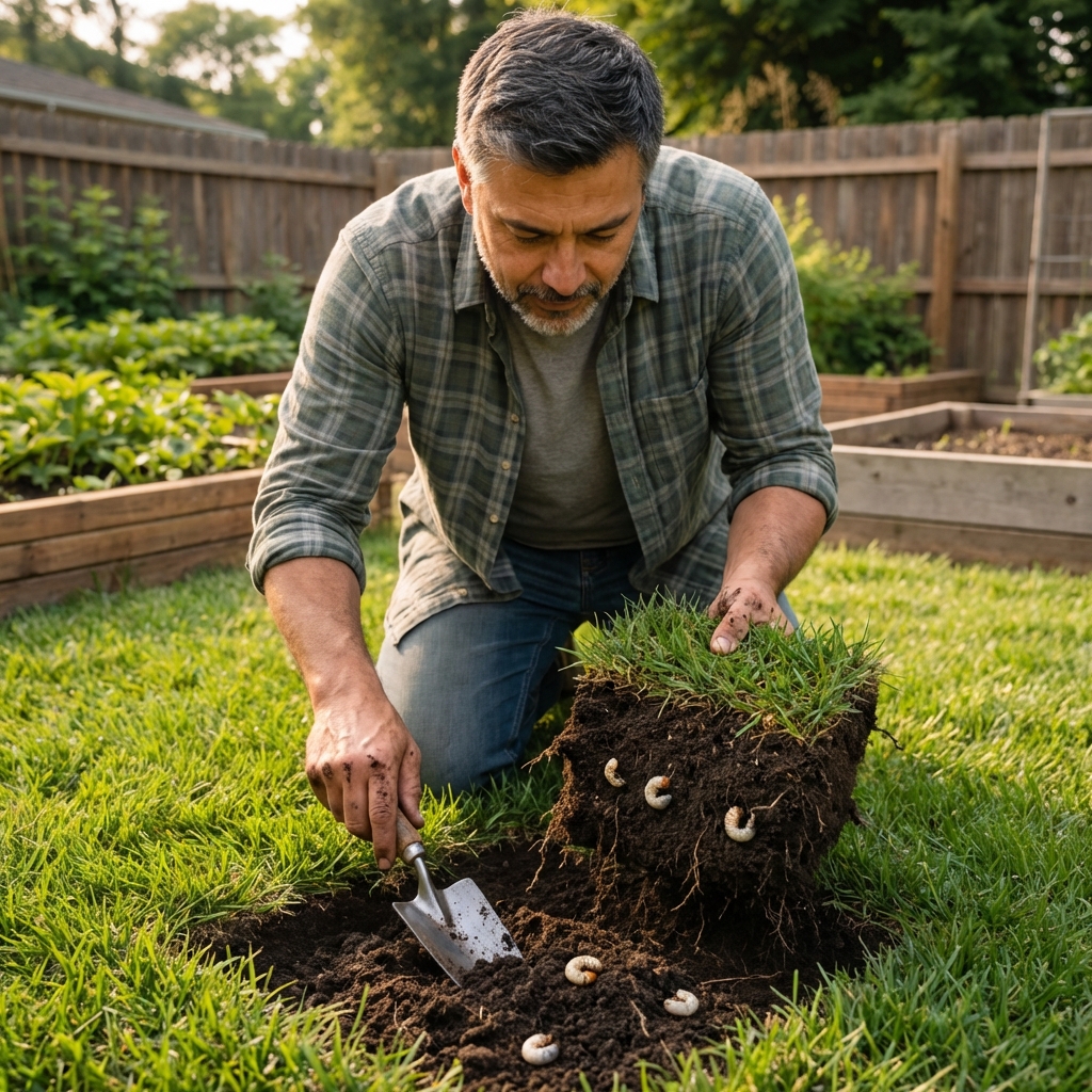 A gardener lifting a small section of lawn turf with a hand trowel to inspect the soil for grubs