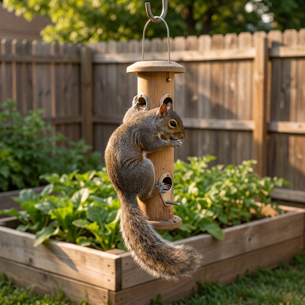 A gray squirrel perched on a bird feeder reaching into the seed port