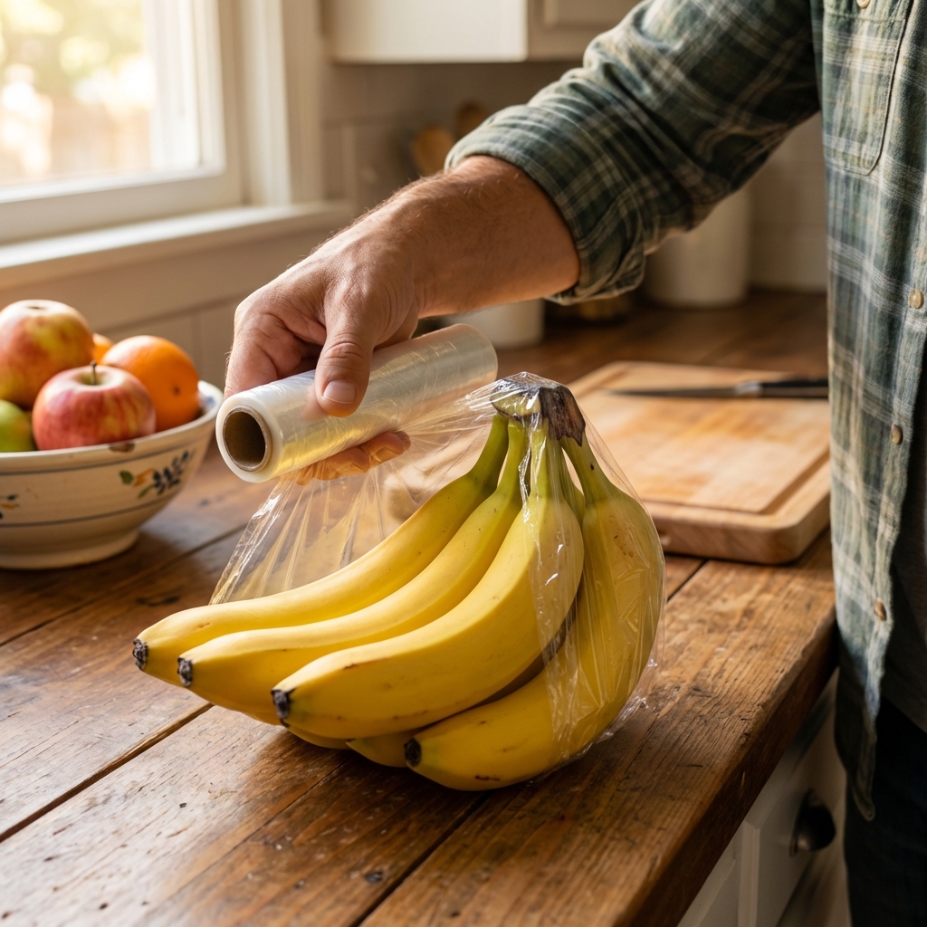 A hand wrapping the stem end of a banana bunch with clear plastic wrap on a kitchen counter