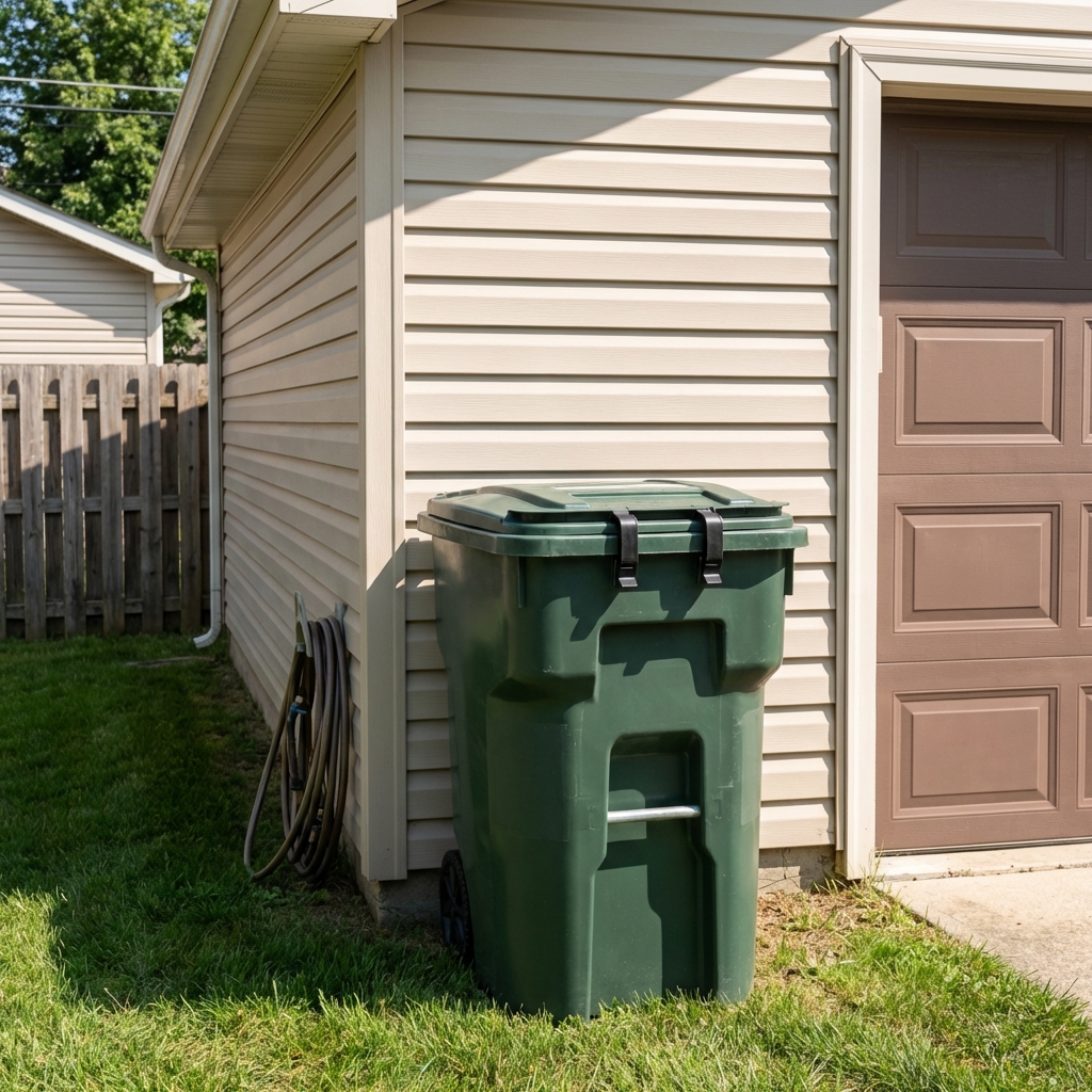 A latched outdoor trash can beside a garage in daylight