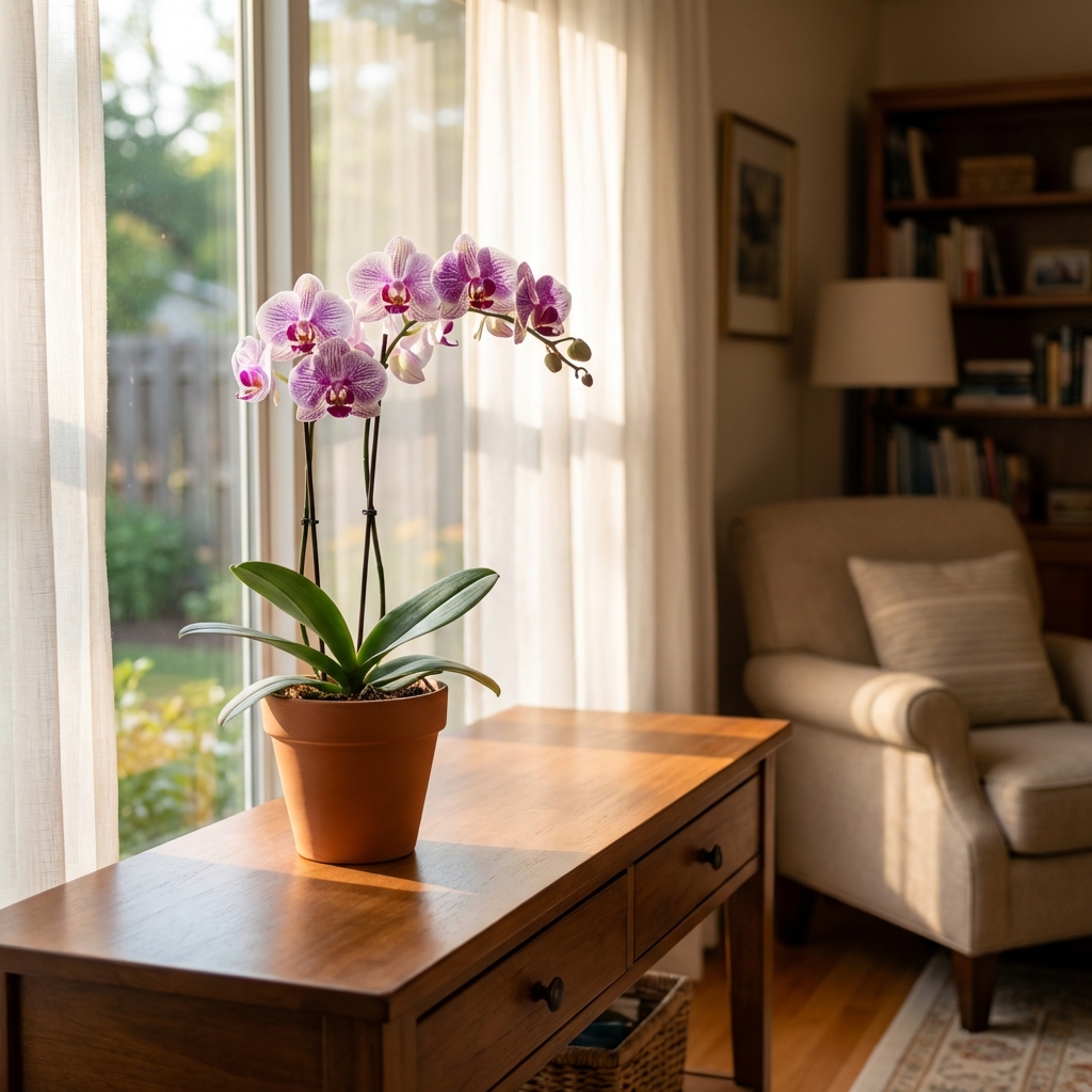 A moth orchid sitting a few feet back from a sunny window with a sheer curtain filtering the light