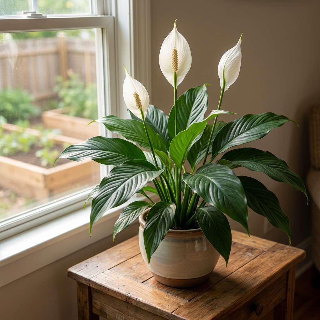 A peace lily with dark green leaves and a few white blooms on a side table near a window