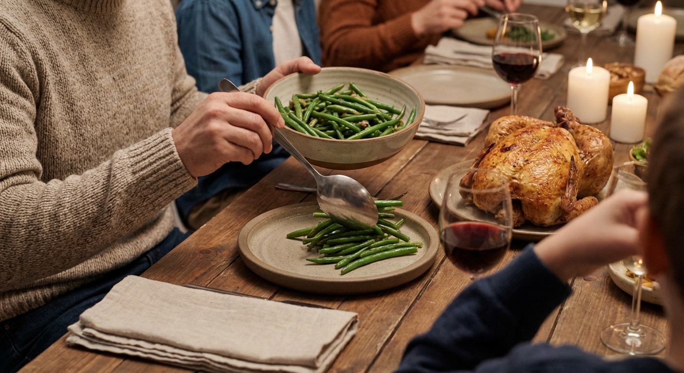 A person at a dinner table serving green beans from a bowl onto a plate next to roasted chicken