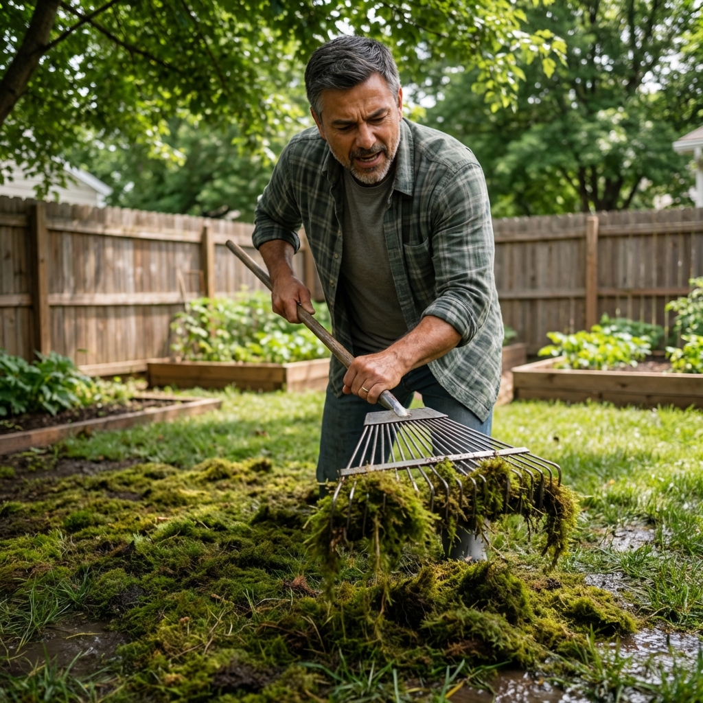 A person using a stiff rake to lift moss from a damp lawn patch in a shaded backyard