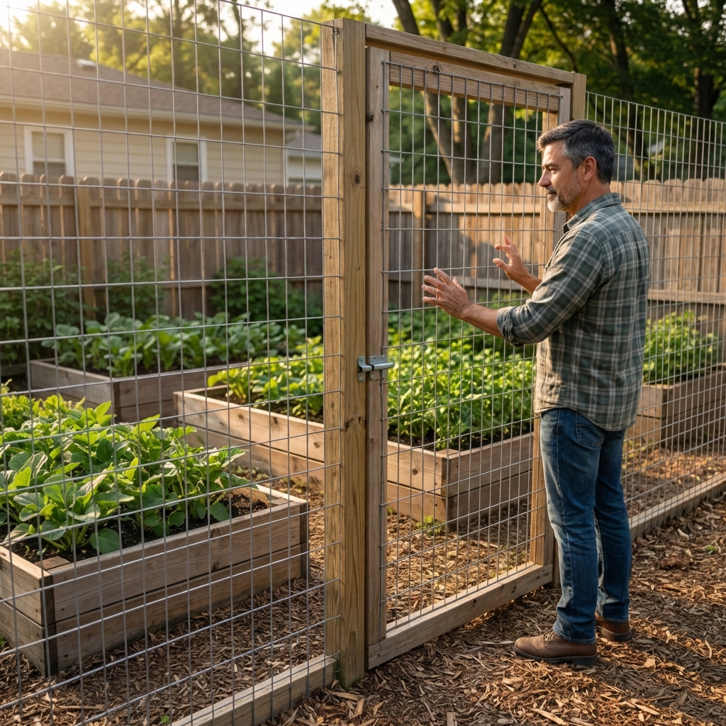 A photograph of a backyard vegetable garden enclosed by a tall wire fence with a latched gate