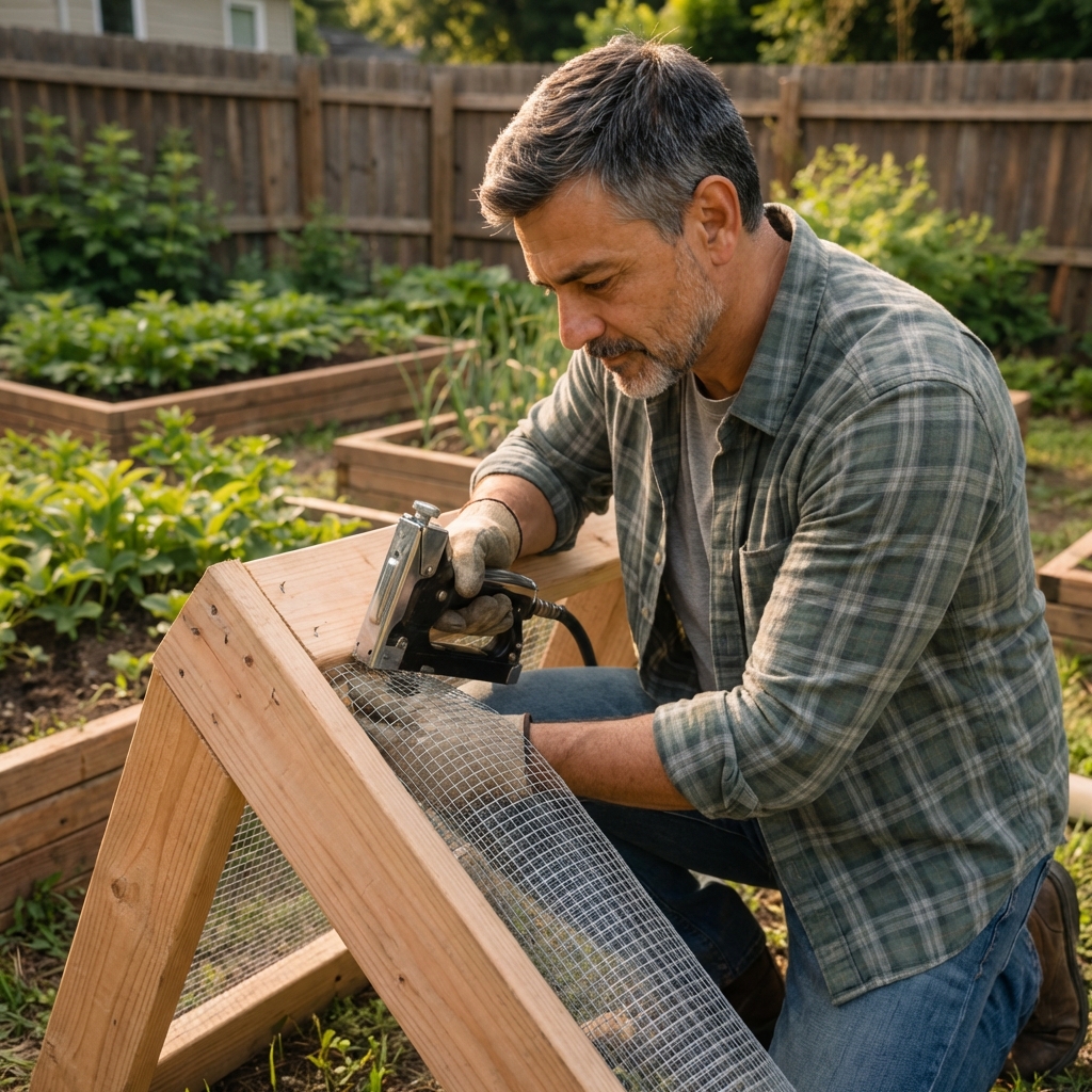 A photograph of a gardener stapling quarter-inch hardware cloth to the underside of a wooden raised bed frame outdoors