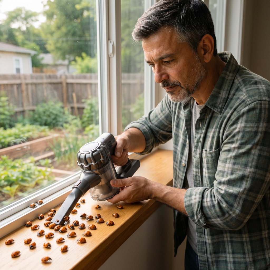 A photograph of a person vacuuming Asian lady beetles from a windowsill using a handheld vacuum