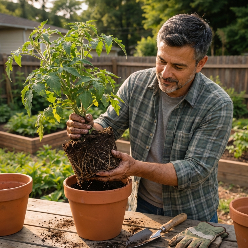 A photograph of a plant being lifted from a pot with roots exposed on a work surface, ready for repotting