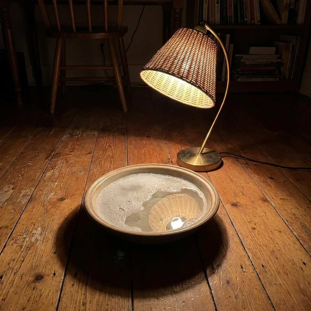 A photograph of a table lamp shining over a shallow bowl of soapy water set on a wooden floor at night
