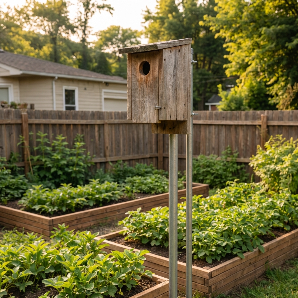 A photograph of a wooden owl box mounted on a pole at the edge of a backyard garden near a fence line
