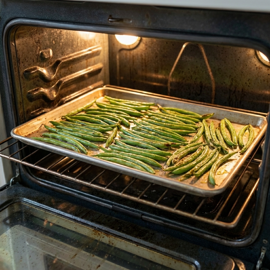 A photograph of green beans spread in a single layer on a baking sheet inside an oven