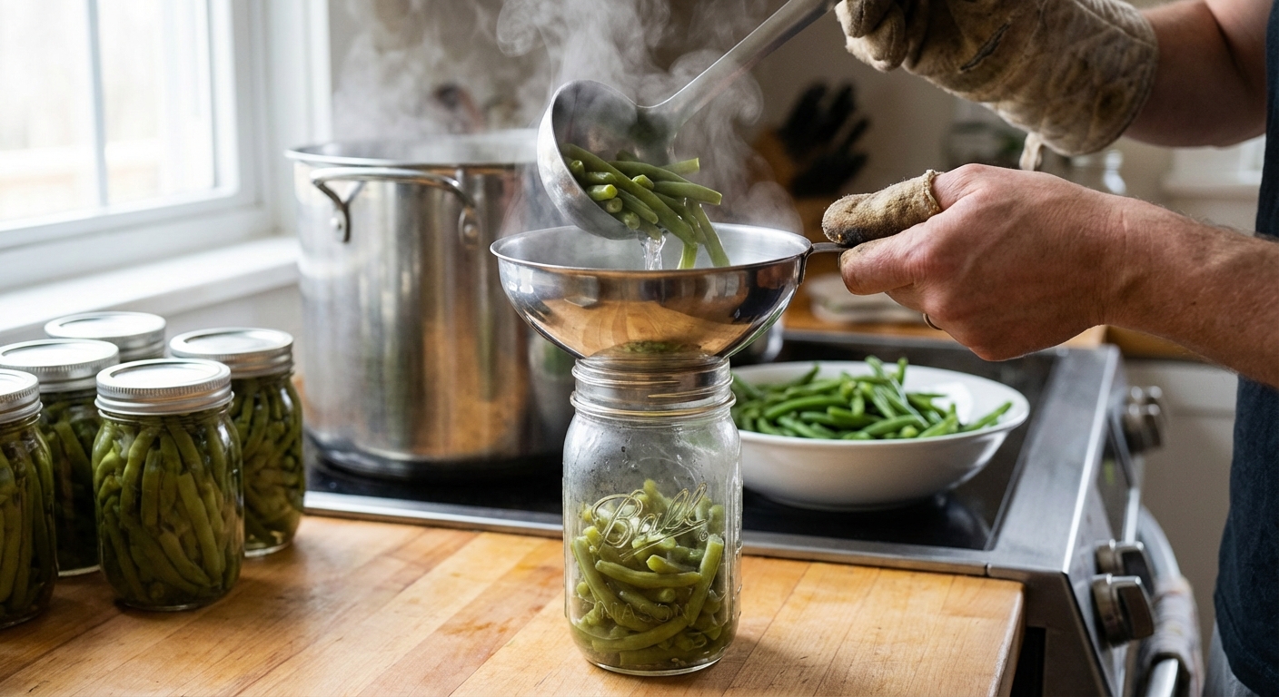 A real photo of a canning funnel on a mason jar being filled with hot green beans and water