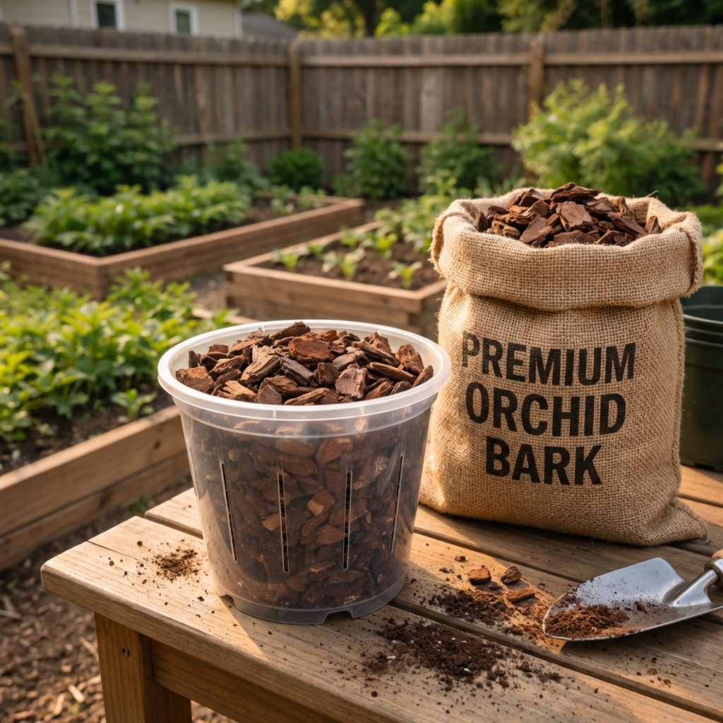 A real photo of a clear orchid pot filled with chunky bark mix next to a bag of orchid bark on a potting bench