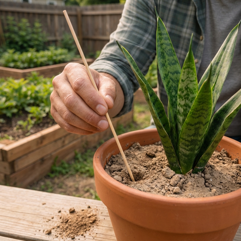 A real photo of a hand holding a wooden skewer next to a snake plant pot to check dry soil