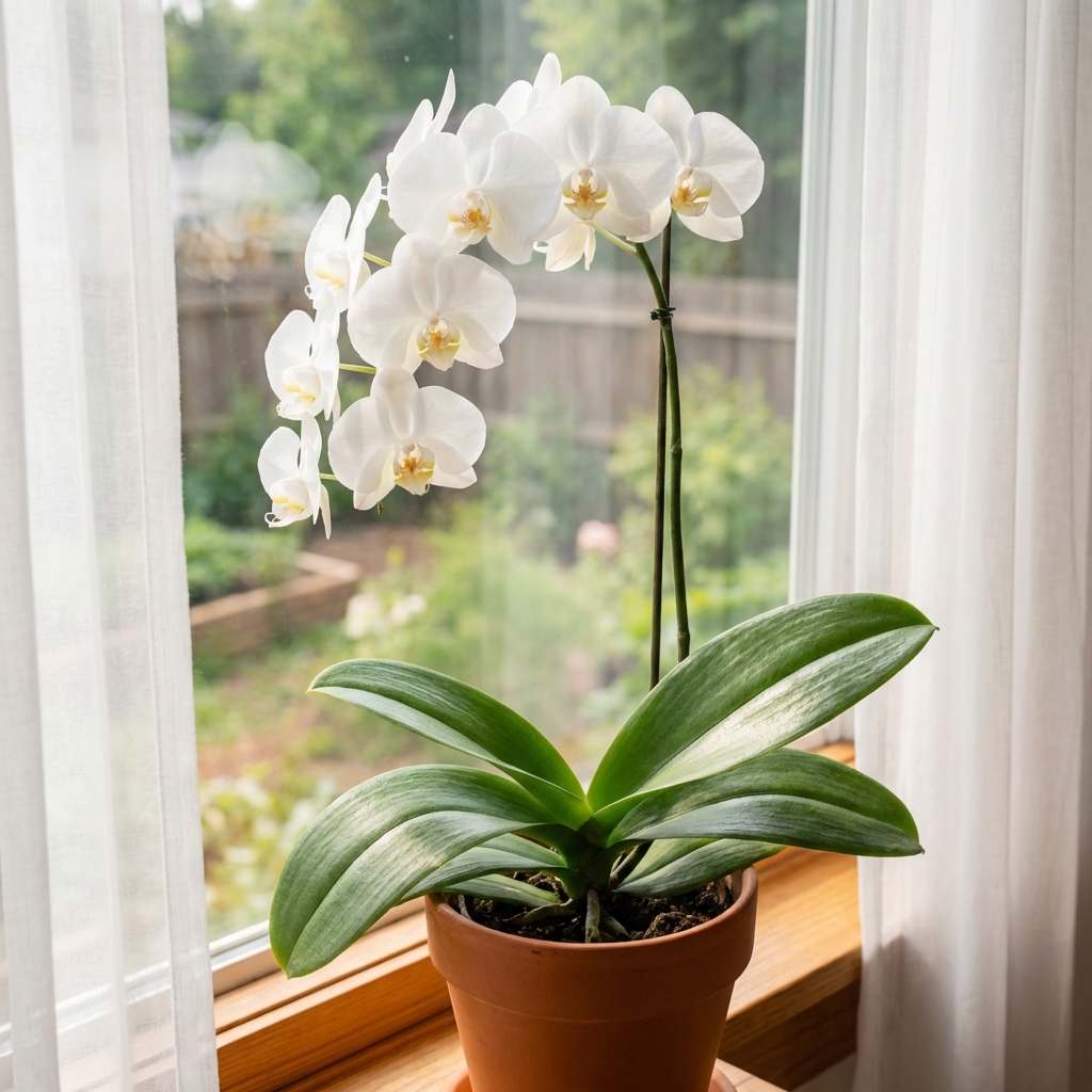 A real photo of a healthy orchid with glossy green leaves sitting near a window with sheer curtains and soft morning light