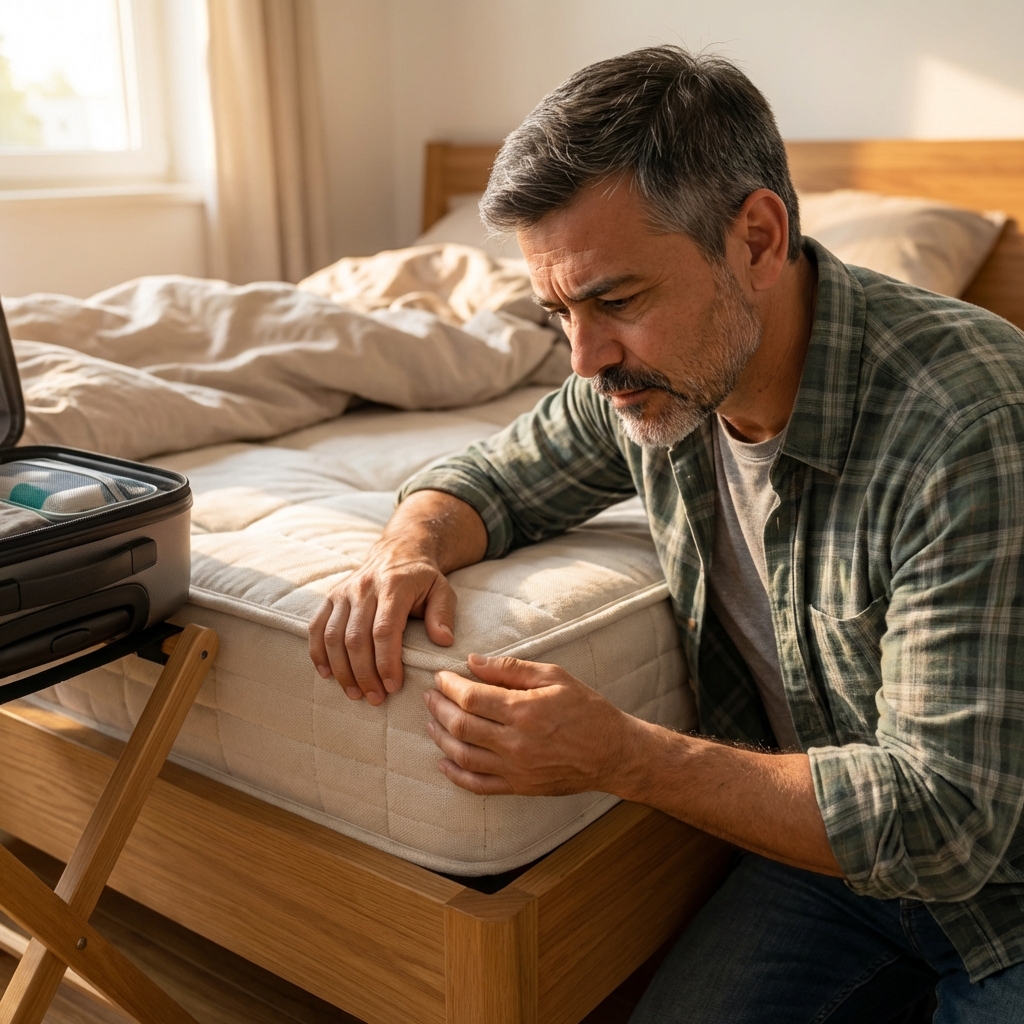 A real photo of a person lifting a mattress corner to inspect the seam in a bedroom