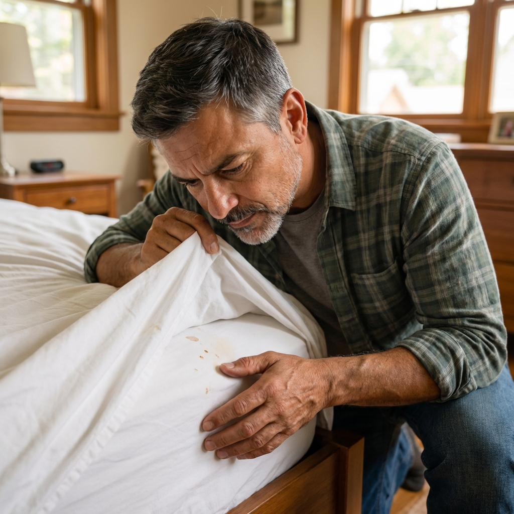 A real photo of a person lifting a white bedsheet corner to check for small stains near the mattress edge