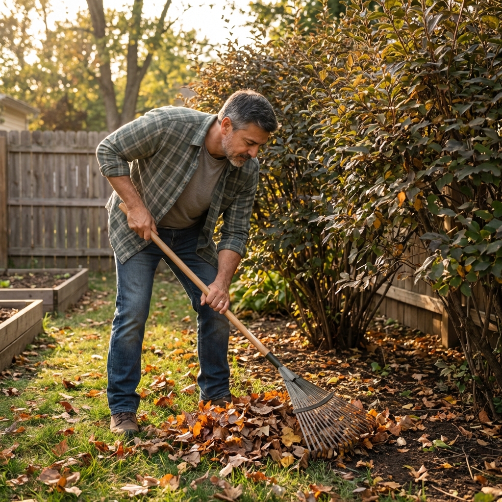 A real photo of a person raking leaves under shrubs in a backyard