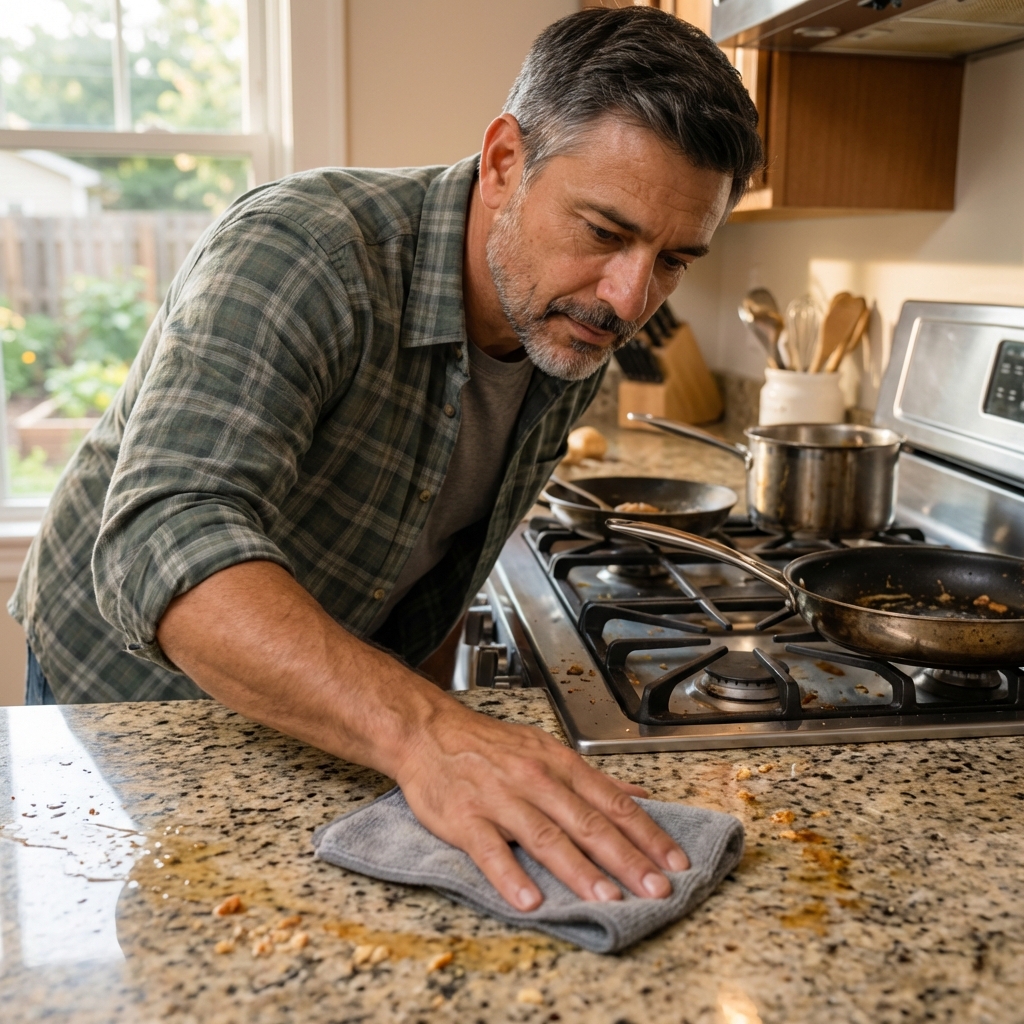 A real photo of a person wiping crumbs and grease from a kitchen counter near a stove