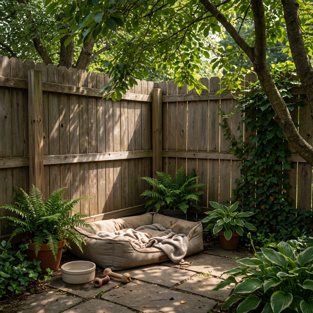 A real photo of a shaded backyard corner with a dog resting spot near a fence
