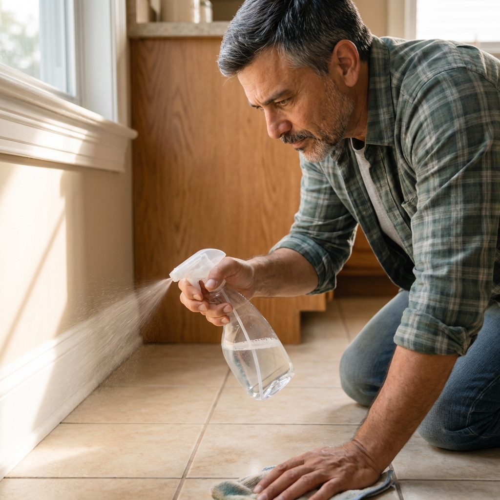 A real photo of a spray bottle being used on a tile floor near a baseboard