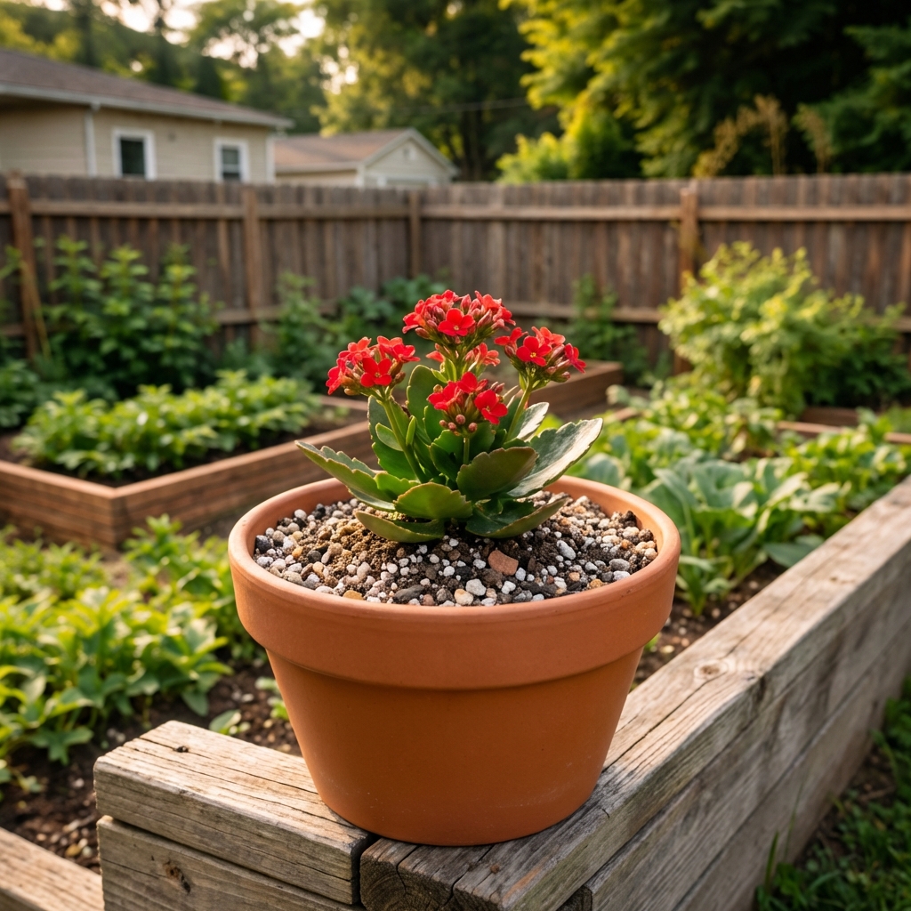 A real photo of a terracotta pot with a kalanchoe planted in gritty succulent soil on a table