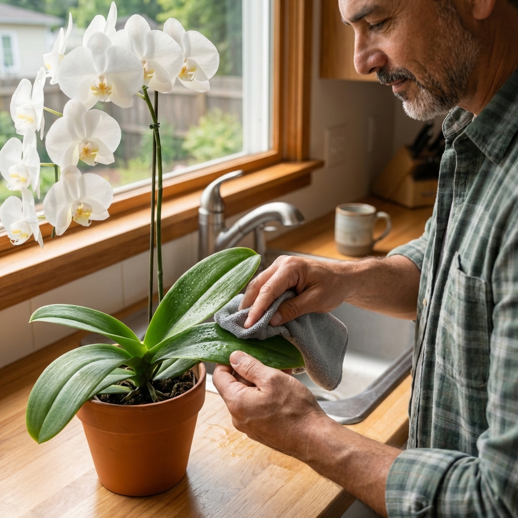 A real photo of an orchid leaf being gently wiped with a damp cloth on a kitchen counter