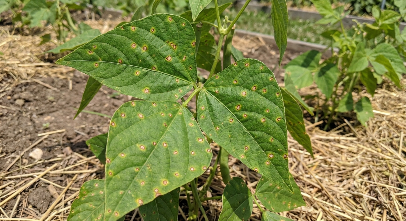 A real photo of bush bean leaves showing small brown spots from a leaf disease in an outdoor garden