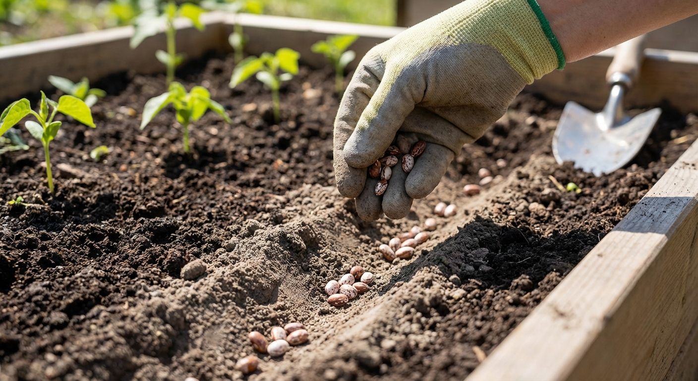 A real photo of bush bean seeds being placed into a shallow furrow in a garden bed by a gardener's hand