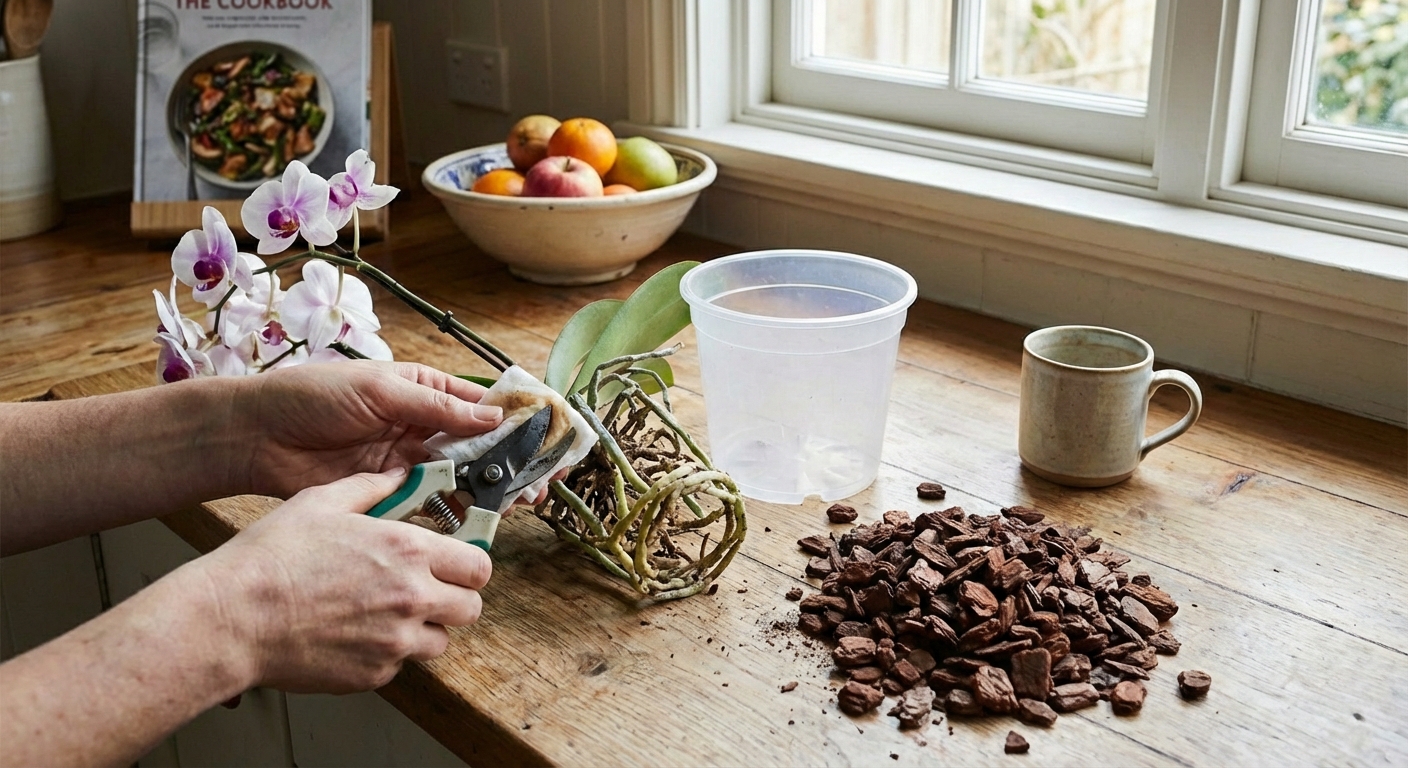 A real photo of hands holding sterilized pruning scissors next to a clear orchid pot and chunky bark mix on a table