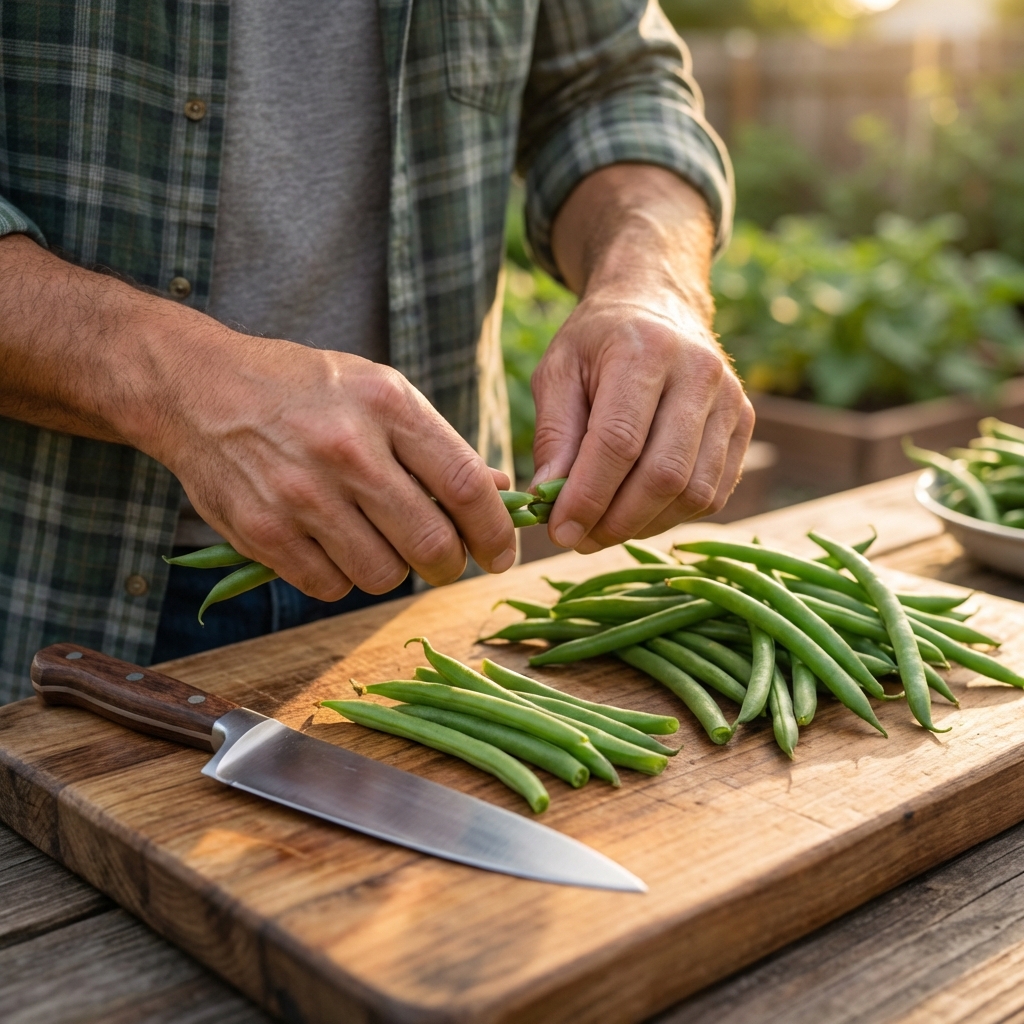 A real photo of hands trimming fresh green beans on a wooden cutting board beside a kitchen knife