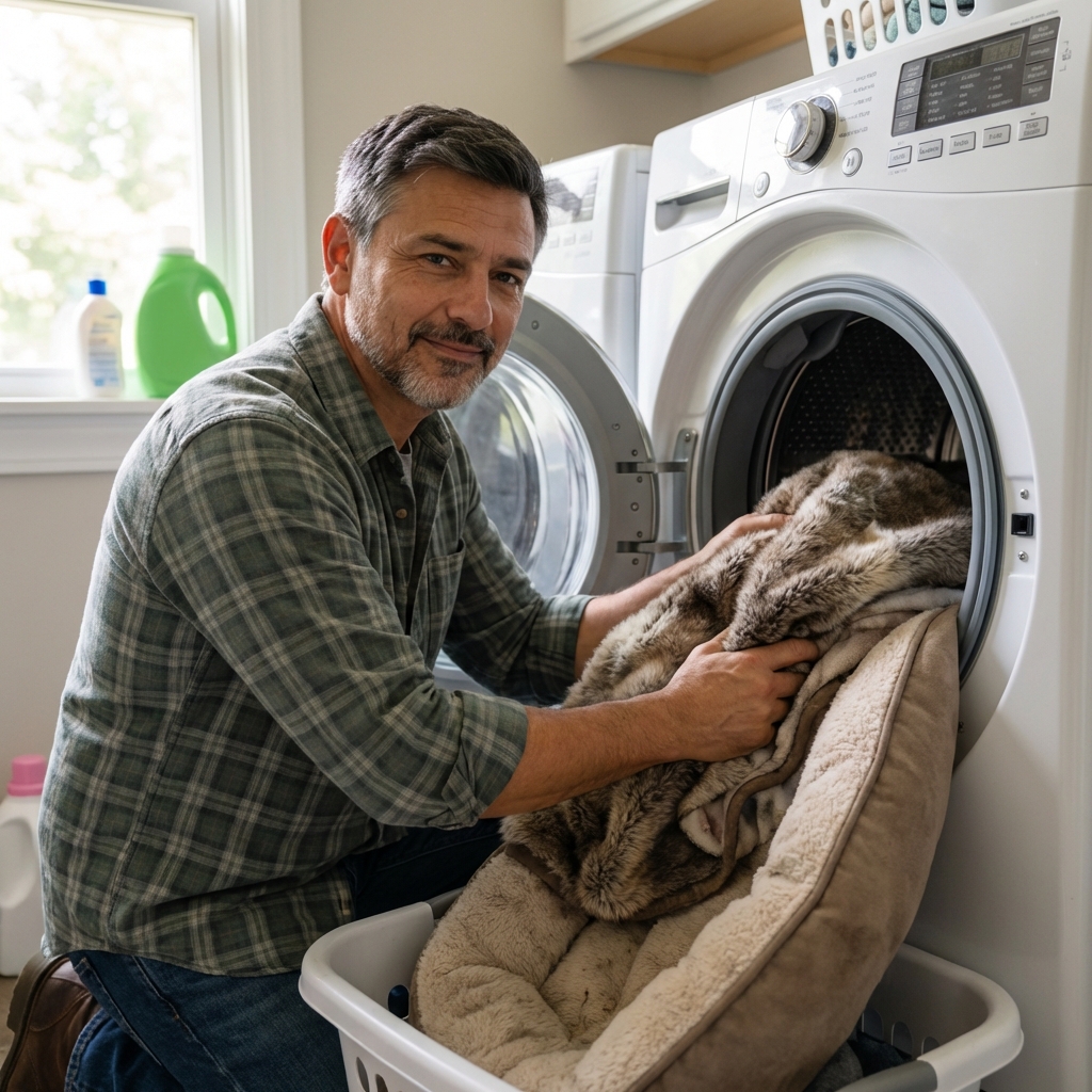 A real photo of pet bedding going into a washing machine