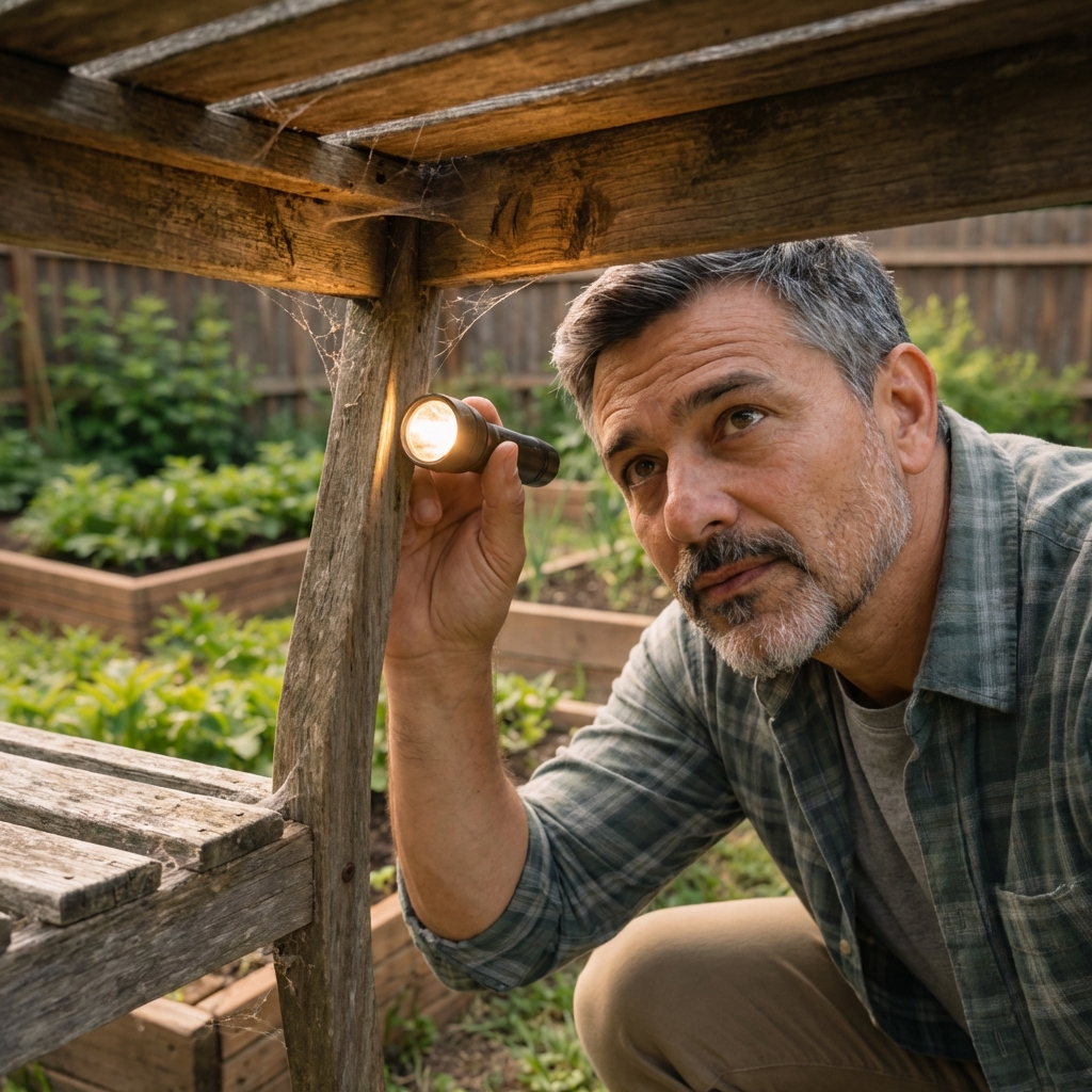A real photo of the underside of a wooden garden bench being inspected with a flashlight