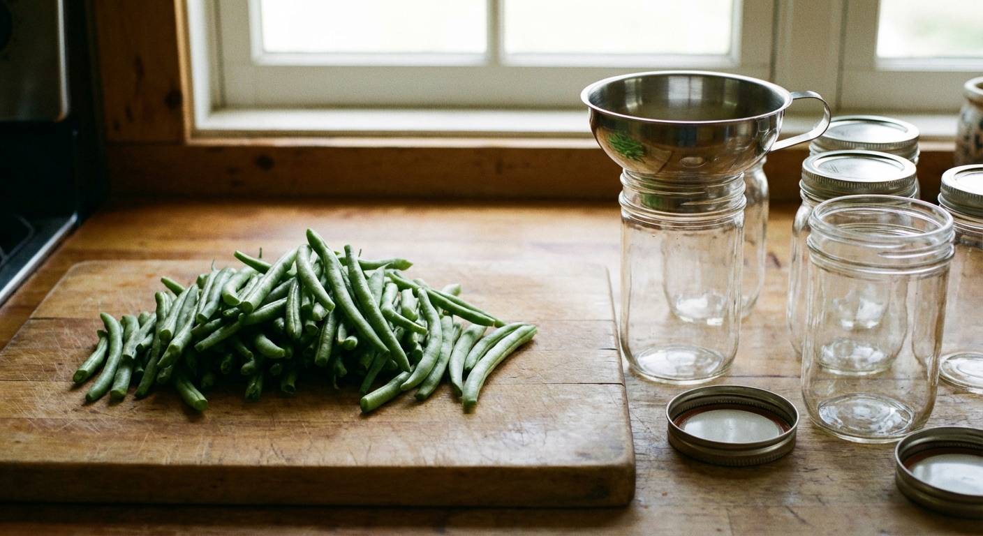A real photo of trimmed fresh green beans on a cutting board next to empty canning jars and a canning funnel