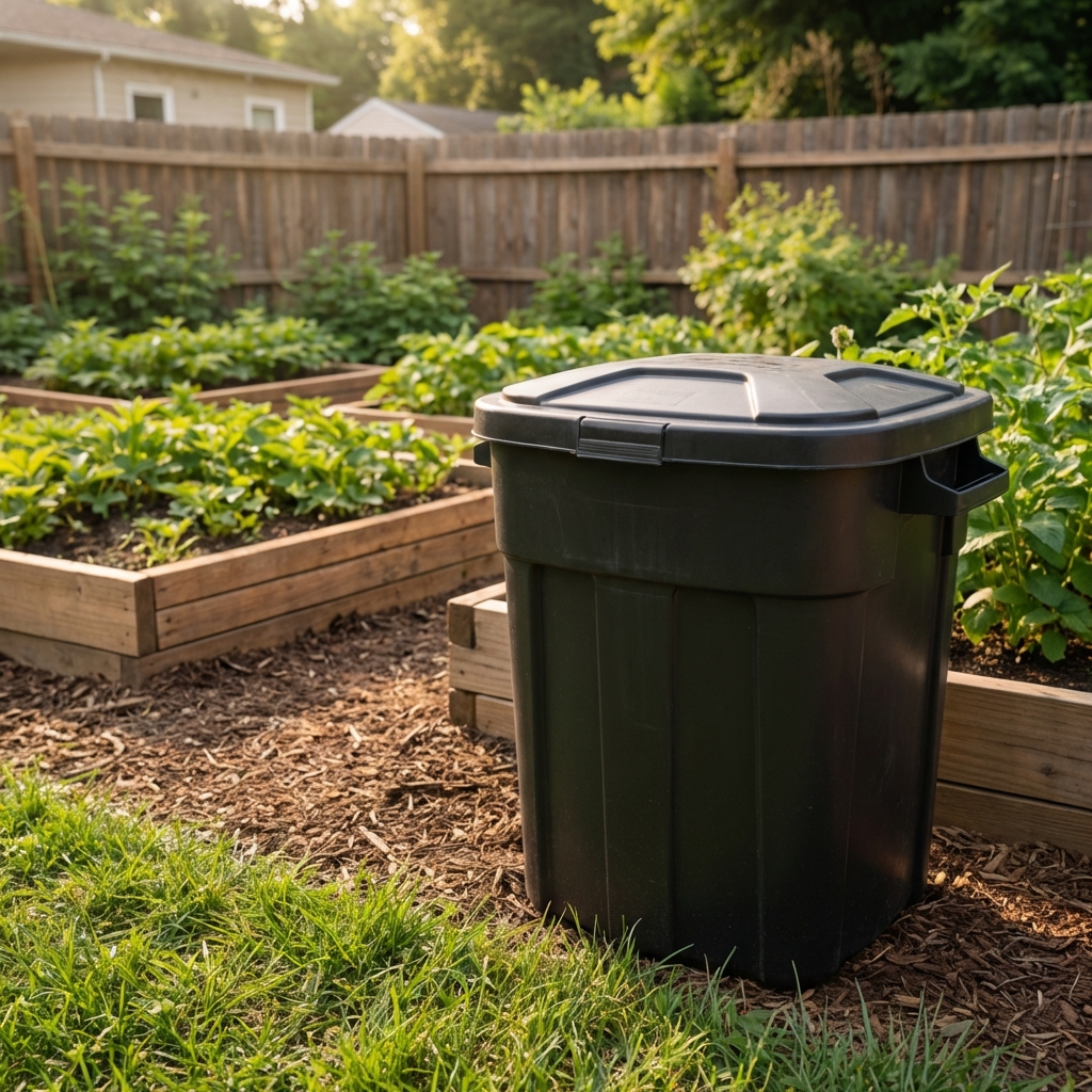 A real photograph of a backyard compost bin with a tight lid next to a clean area with no food scraps on the ground