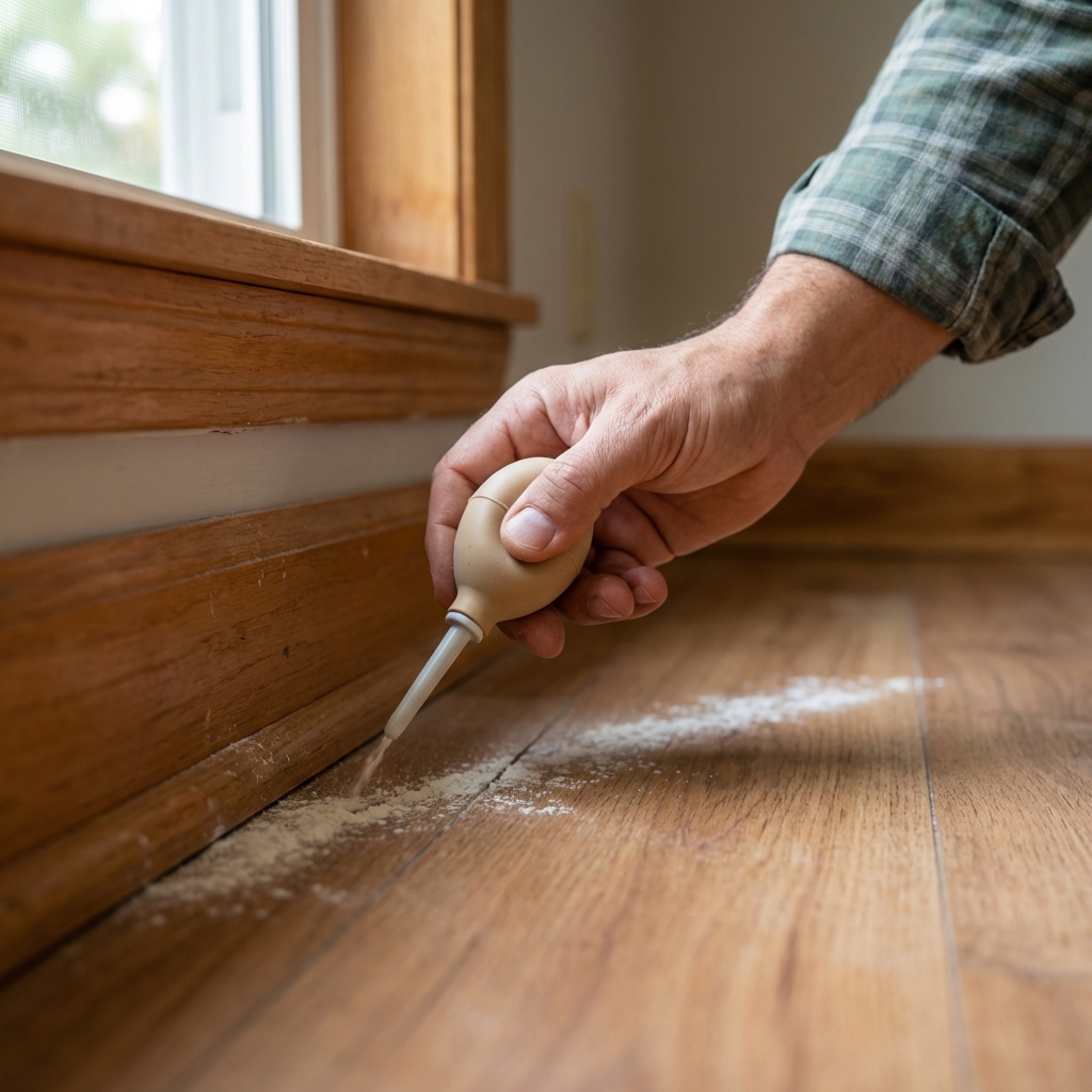 A real photograph of a hand using a small bulb duster to apply a light line of food-grade diatomaceous earth along a baseboard crack