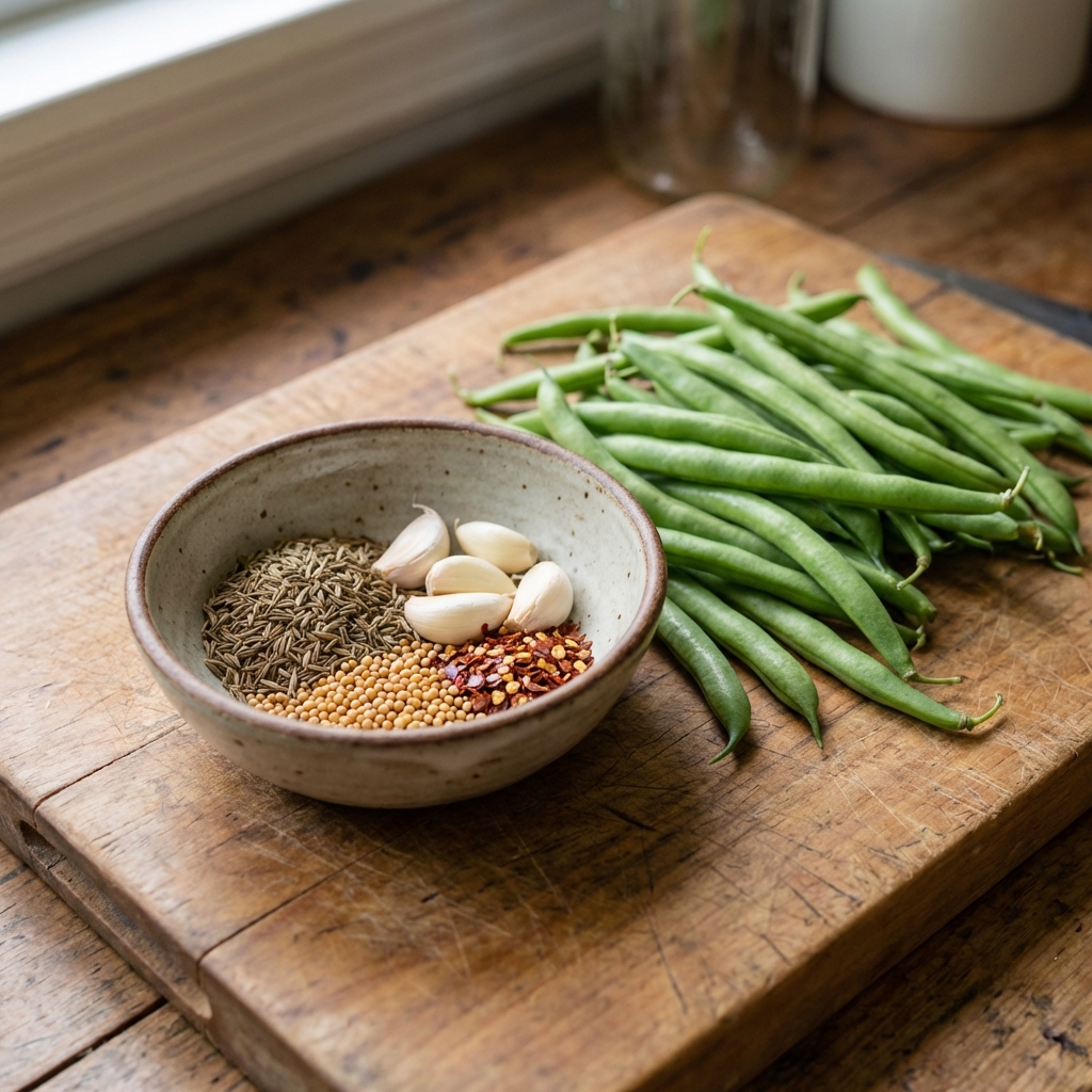 A real photograph of a small bowl of dill seed, garlic cloves, mustard seeds, and red pepper flakes on a wooden cutting board next to fresh green beans